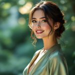 Sublimer ses courbes : l'élégance en satin pour toutes une-femme-dans-une-robe-satinee-elegante-affichant-confiance-se-tenant-debout-dans-un-cadre-naturel-lumineux-avec-une-lumiere-volumetrique-douce-mettant-en-valeur-les-couleurs-de-sa-robe