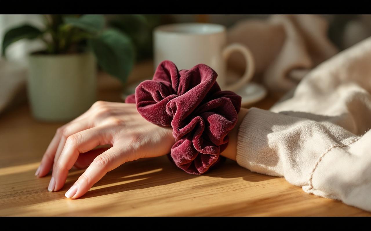 Gros plan d'un chouchou en velours port&eacute; en bracelet au poignet, montrant la texture douce du tissu et les plis naturels, &eacute;clairage naturel chaud et arri&egrave;re-plan flou.