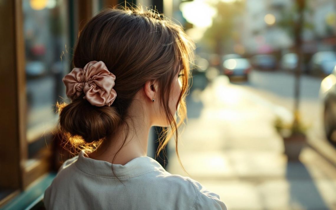 femme-assise-pres-dune-fenetre-cheveux-attaches-en-chignon-bas-avec-un-chouchou-en-soie-visage-detendu-lumiere-naturelle-douce-arriere-plan-urbain-flou-aux-nuances-bleues-et-vertes