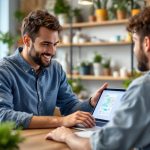 Pourquoi mon commerce apparaît mal sur Google Maps et que faire ? Petit commerçant vérifie sa fiche Google Maps sur un ordinateur portable dans son magasin, pose naturelle, étagères et plantes en arrière-plan, lumière naturelle chaleureuse.