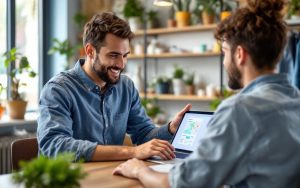 Petit commerçant vérifie sa fiche Google Maps sur un ordinateur portable dans son magasin, pose naturelle, étagères et plantes en arrière-plan, lumière naturelle chaleureuse.