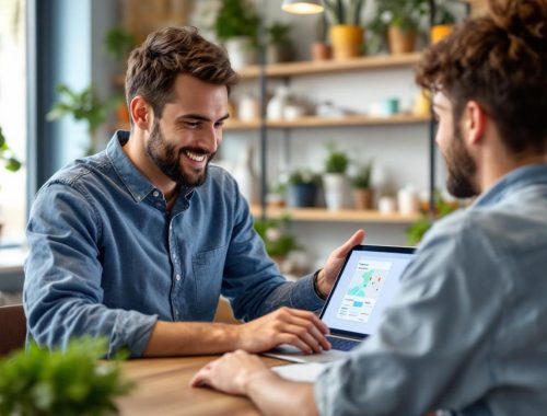 Petit commerçant vérifie sa fiche Google Maps sur un ordinateur portable dans son magasin, pose naturelle, étagères et plantes en arrière-plan, lumière naturelle chaleureuse.