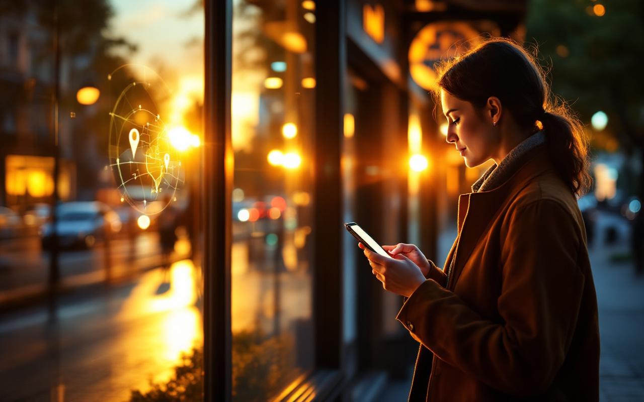 Client devant une vitrine regardant l'écran de son smartphone affichant une application de navigation, reflets sur la vitre, ambiance naturelle et lumière chaude de fin d'après-midi.