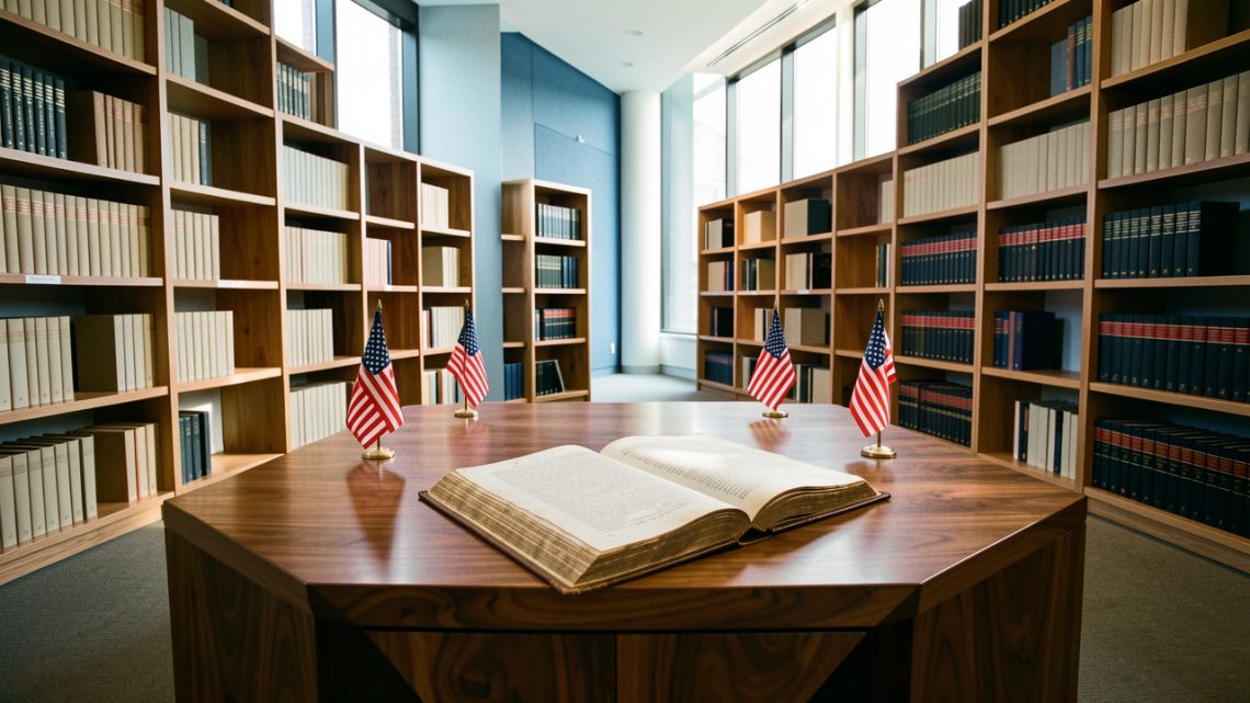 Bibliothèque contemporaine baignée de lumière naturelle, avec des rayonnages de livres non identifiés, un manuscrit juridique ouvert sur une table en bois et de petits drapeaux américains discrets.