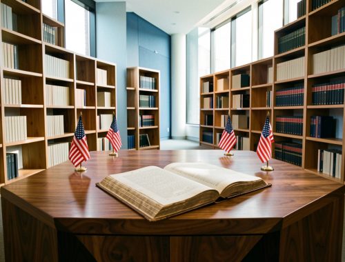 Bibliothèque contemporaine baignée de lumière naturelle, avec des rayonnages de livres non identifiés, un manuscrit juridique ouvert sur une table en bois et de petits drapeaux américains discrets.