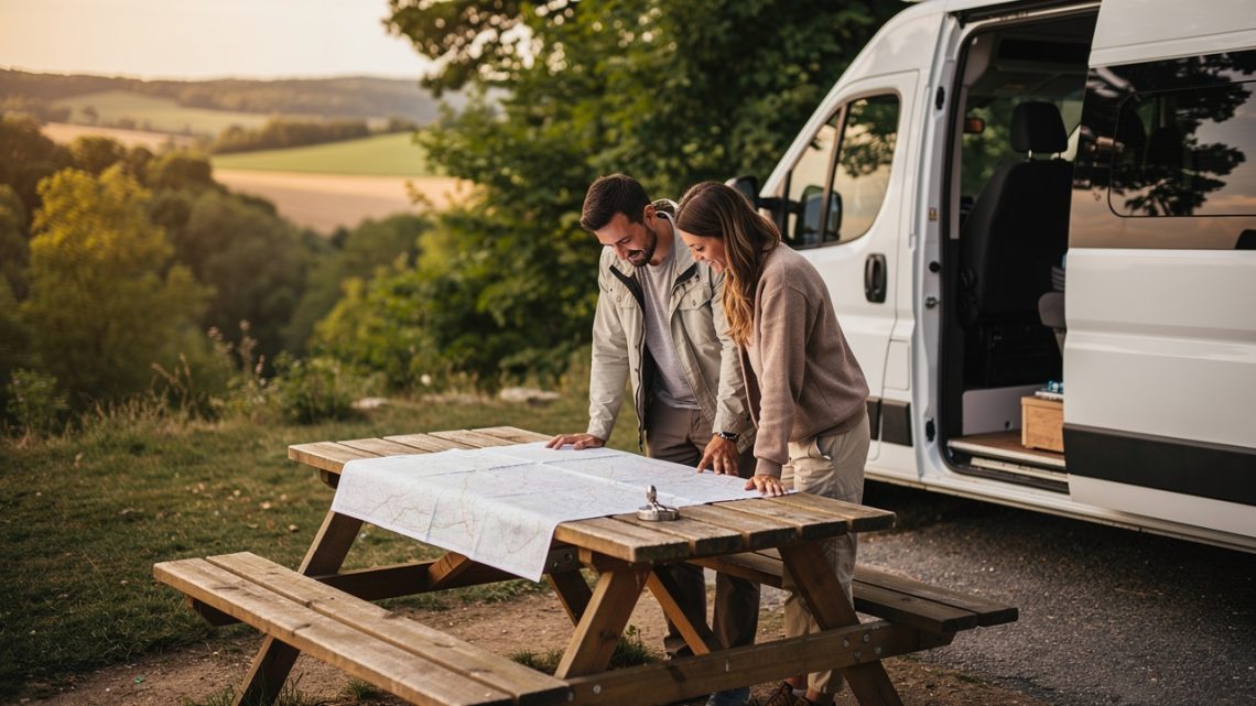Un camping-car moderne stationné dans une aire naturelle française, avec un homme et une femme préparant leur itinéraire autour d’une table extérieure sous une douce lumière de fin d’après-midi.