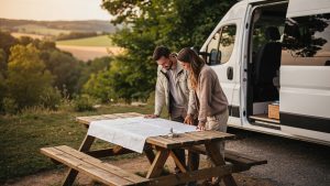 Un camping-car moderne stationné dans une aire naturelle française, avec un homme et une femme préparant leur itinéraire autour d’une table extérieure sous une douce lumière de fin d’après-midi.