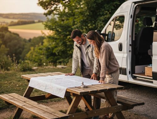 Un camping-car moderne stationné dans une aire naturelle française, avec un homme et une femme préparant leur itinéraire autour d’une table extérieure sous une douce lumière de fin d’après-midi.
