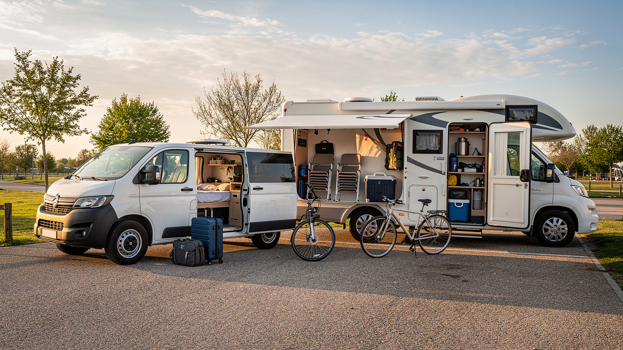 Un van aménagé compact et un camping-car familial garés côte à côte sur un parking de camping, entourés de bagages, de vélos, de chaises pliantes et d’équipements de vacances.