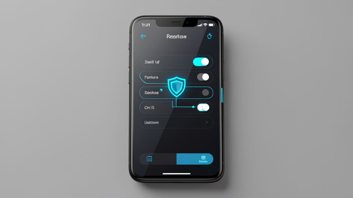 Smartphone moderne affichant une interface visuelle de configuration réseau privé, avec des commandes abstraites et un symbole de bouclier dans une ambiance high-tech bleue et sécurisée.