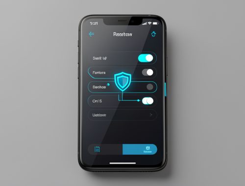 Smartphone moderne affichant une interface visuelle de configuration réseau privé, avec des commandes abstraites et un symbole de bouclier dans une ambiance high-tech bleue et sécurisée.