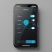 Smartphone moderne affichant une interface visuelle de configuration réseau privé, avec des commandes abstraites et un symbole de bouclier dans une ambiance high-tech bleue et sécurisée.