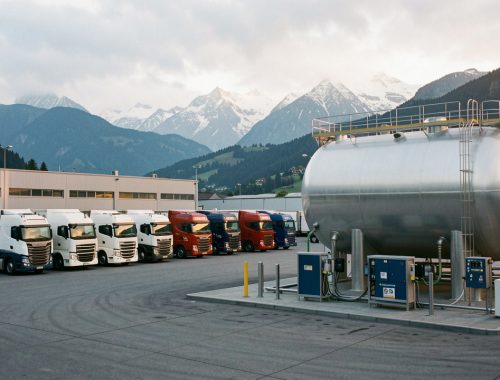 Camions poids lourds modernes stationnés dans un dépôt logistique près de Grenoble, avec une grande cuve de biocarburant et les montagnes alpines en arrière-plan.