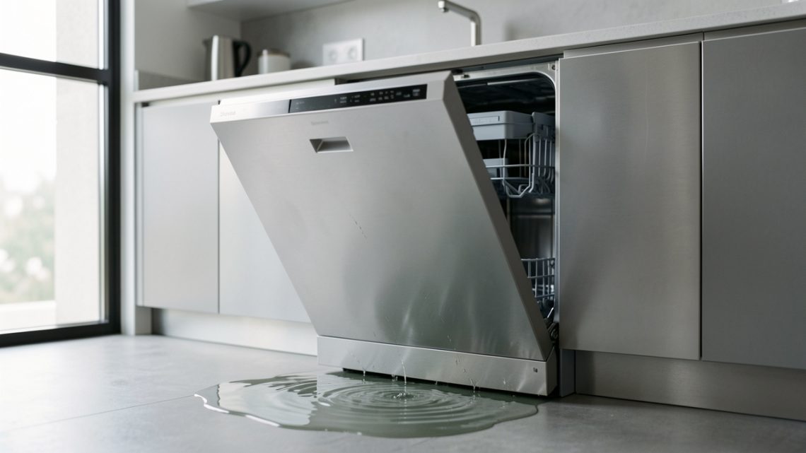 Lave-vaisselle moderne ouvert dans une cuisine, avec une petite fuite d’eau au sol illustrant une panne après plusieurs années d’utilisation.