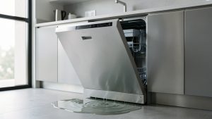 Lave-vaisselle moderne ouvert dans une cuisine, avec une petite fuite d’eau au sol illustrant une panne après plusieurs années d’utilisation.