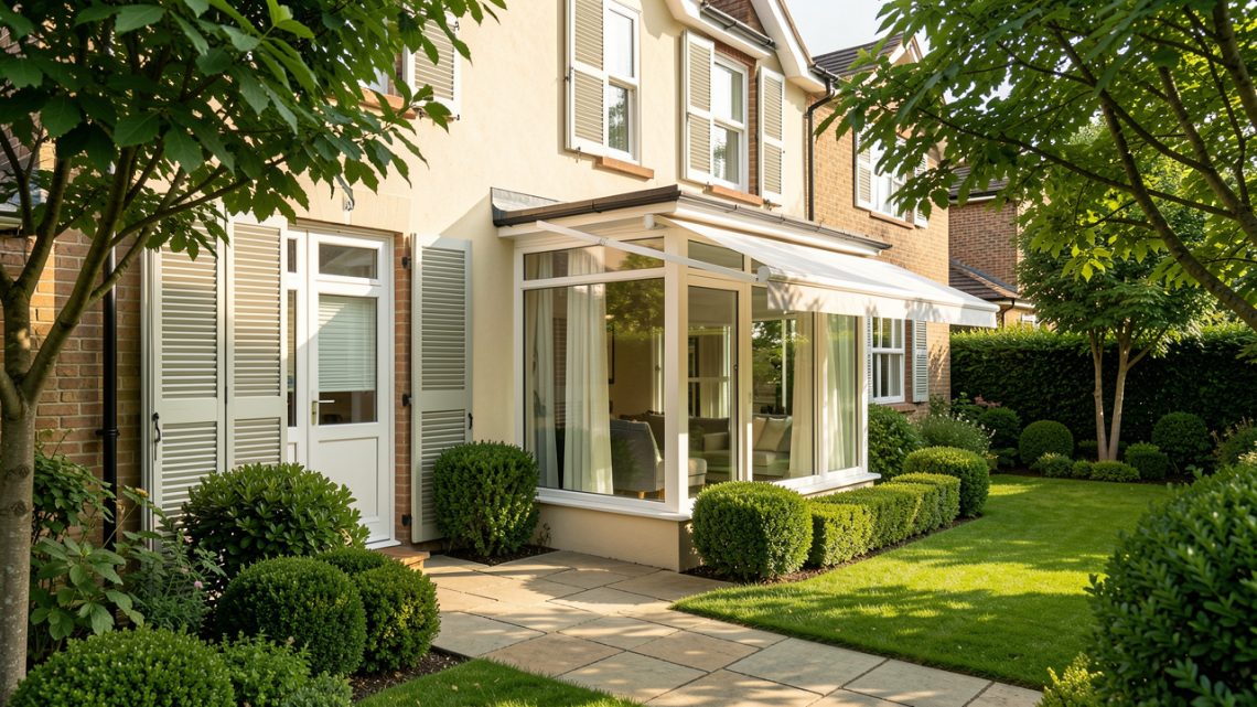 Maison individuelle rénovée en été, avec volets extérieurs fermés, store banne déployé au-dessus d’une baie vitrée et jardin ombragé.