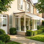 Quels travaux choisir après un audit énergétique pour éviter la chaleur d’été ? Maison individuelle rénovée en été, avec volets extérieurs fermés, store banne déployé au-dessus d’une baie vitrée et jardin ombragé.