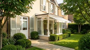 Maison individuelle rénovée en été, avec volets extérieurs fermés, store banne déployé au-dessus d’une baie vitrée et jardin ombragé.