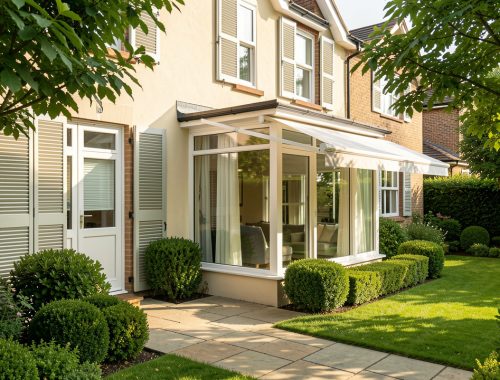 Maison individuelle rénovée en été, avec volets extérieurs fermés, store banne déployé au-dessus d’une baie vitrée et jardin ombragé.
