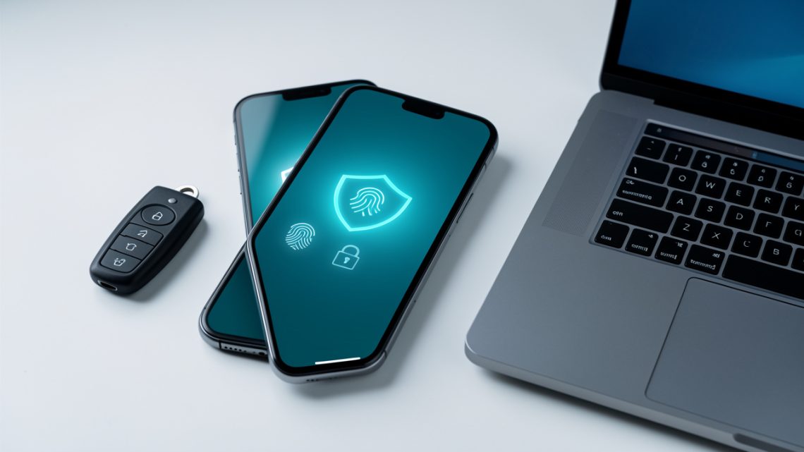 Smartphone et ordinateur illustrant la récupération sécurisée d’un compte grâce à un bouclier, une empreinte digitale et une clé d’authentification.