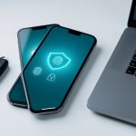 Smartphone et ordinateur illustrant la récupération sécurisée d’un compte grâce à un bouclier, une empreinte digitale et une clé d’authentification.