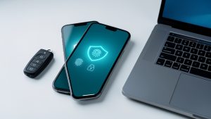 Smartphone et ordinateur illustrant la récupération sécurisée d’un compte grâce à un bouclier, une empreinte digitale et une clé d’authentification.