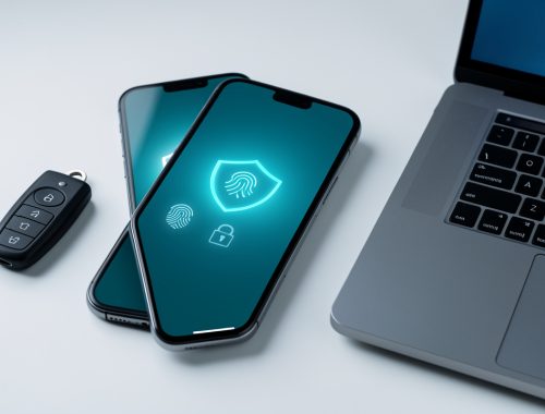 Smartphone et ordinateur illustrant la récupération sécurisée d’un compte grâce à un bouclier, une empreinte digitale et une clé d’authentification.