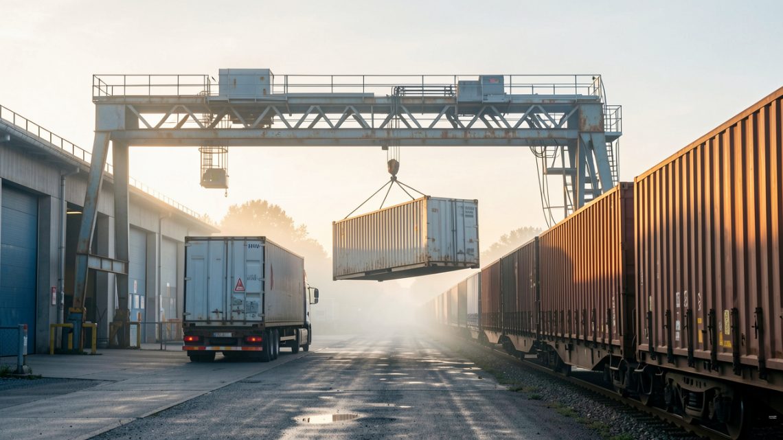Terminal français de transport combiné où un portique transfère une caisse mobile entre un camion et un train de marchandises, dans la lumière matinale.