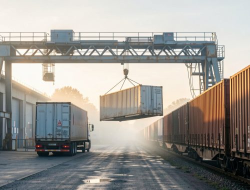 Terminal français de transport combiné où un portique transfère une caisse mobile entre un camion et un train de marchandises, dans la lumière matinale.