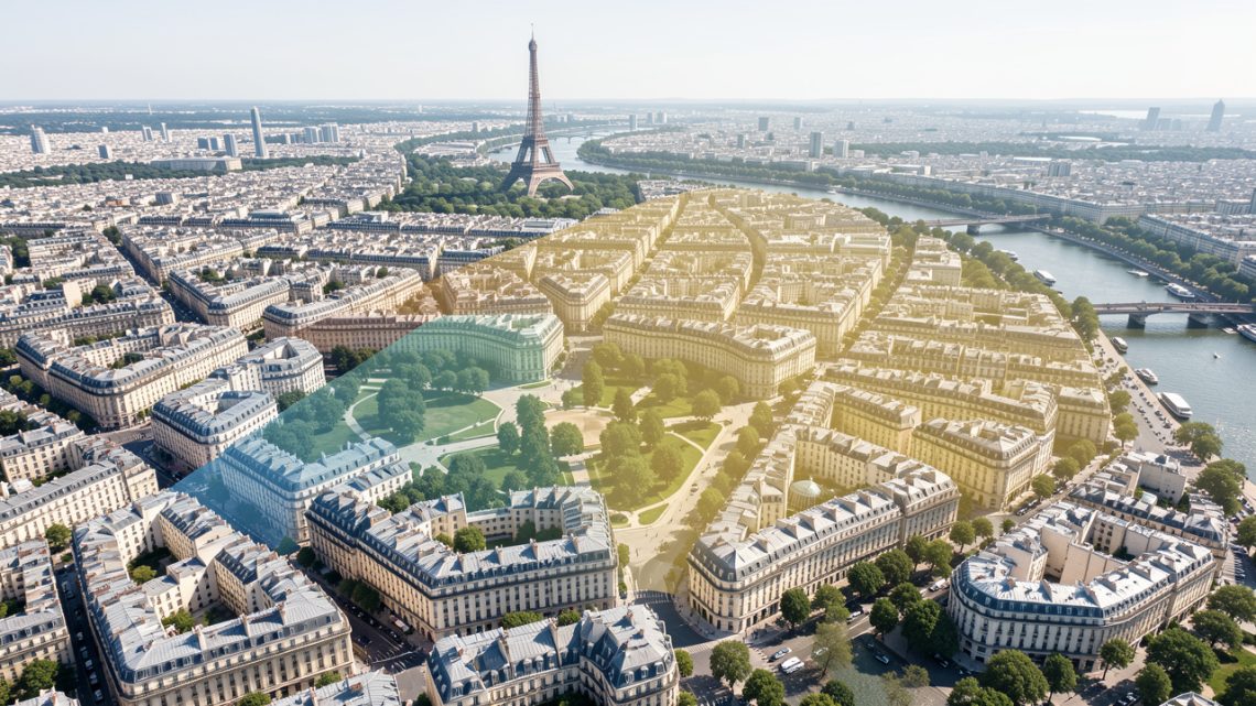 Vue aérienne réaliste de Paris avec les quartiers différenciés par des nuances de couleur représentant les variations de prix immobiliers au mètre carré.