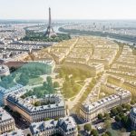 Comment analyser l’évolution des prix immobiliers par quartier à Paris pour acheter ? Vue aérienne réaliste de Paris avec les quartiers différenciés par des nuances de couleur représentant les variations de prix immobiliers au mètre carré.
