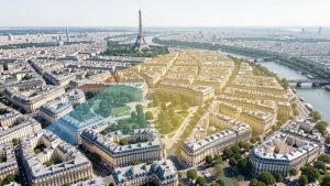 Vue aérienne réaliste de Paris avec les quartiers différenciés par des nuances de couleur représentant les variations de prix immobiliers au mètre carré.