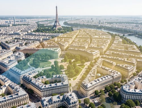 Vue aérienne réaliste de Paris avec les quartiers différenciés par des nuances de couleur représentant les variations de prix immobiliers au mètre carré.