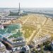 Vue aérienne réaliste de Paris avec les quartiers différenciés par des nuances de couleur représentant les variations de prix immobiliers au mètre carré.