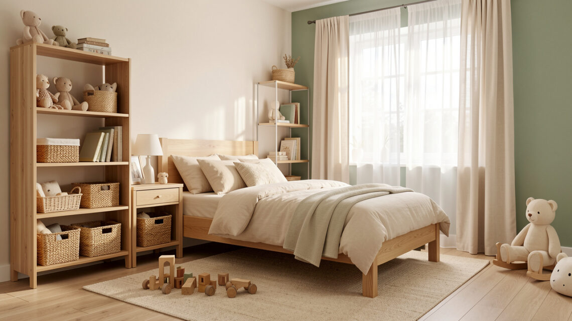Chambre d’enfant lumineuse et apaisante avec mobilier bas en bois, rangements ouverts et décoration aux tons naturels doux.