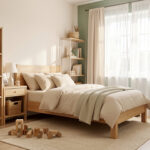 Aménager une chambre d’enfant apaisante dès les premières années Chambre d’enfant lumineuse et apaisante avec mobilier bas en bois, rangements ouverts et décoration aux tons naturels doux.