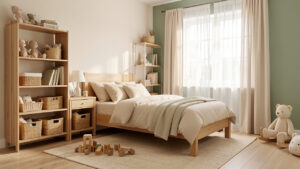 Chambre d’enfant lumineuse et apaisante avec mobilier bas en bois, rangements ouverts et décoration aux tons naturels doux.