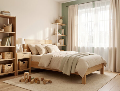 Chambre d’enfant lumineuse et apaisante avec mobilier bas en bois, rangements ouverts et décoration aux tons naturels doux.