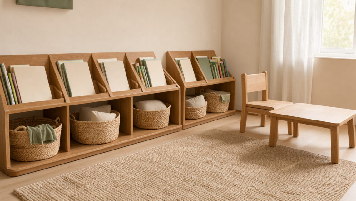 Chambre d’enfant lumineuse et épurée avec des rangements bas en bois, des livres accessibles, des paniers tressés et une décoration aux tons naturels.