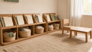 Chambre d’enfant lumineuse et épurée avec des rangements bas en bois, des livres accessibles, des paniers tressés et une décoration aux tons naturels.