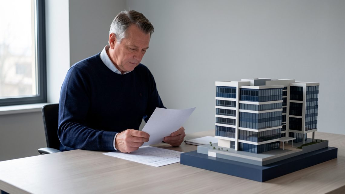 Un homme consultant des documents financiers vierges devant une maquette détaillée d’immeubles de bureaux modernes, dans une ambiance sobre et éditoriale.