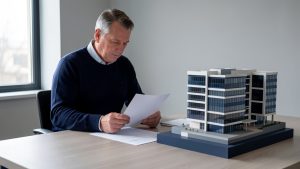 Un homme consultant des documents financiers vierges devant une maquette détaillée d’immeubles de bureaux modernes, dans une ambiance sobre et éditoriale.