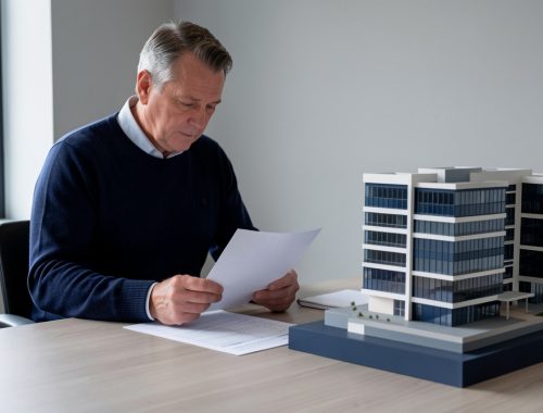 Un homme consultant des documents financiers vierges devant une maquette détaillée d’immeubles de bureaux modernes, dans une ambiance sobre et éditoriale.