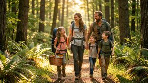 Une famille souriante partage une journée d’aventure et de loisirs en plein air sur un sentier forestier lumineux.