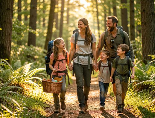 Une famille souriante partage une journée d’aventure et de loisirs en plein air sur un sentier forestier lumineux.