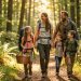 Une famille souriante partage une journée d’aventure et de loisirs en plein air sur un sentier forestier lumineux.