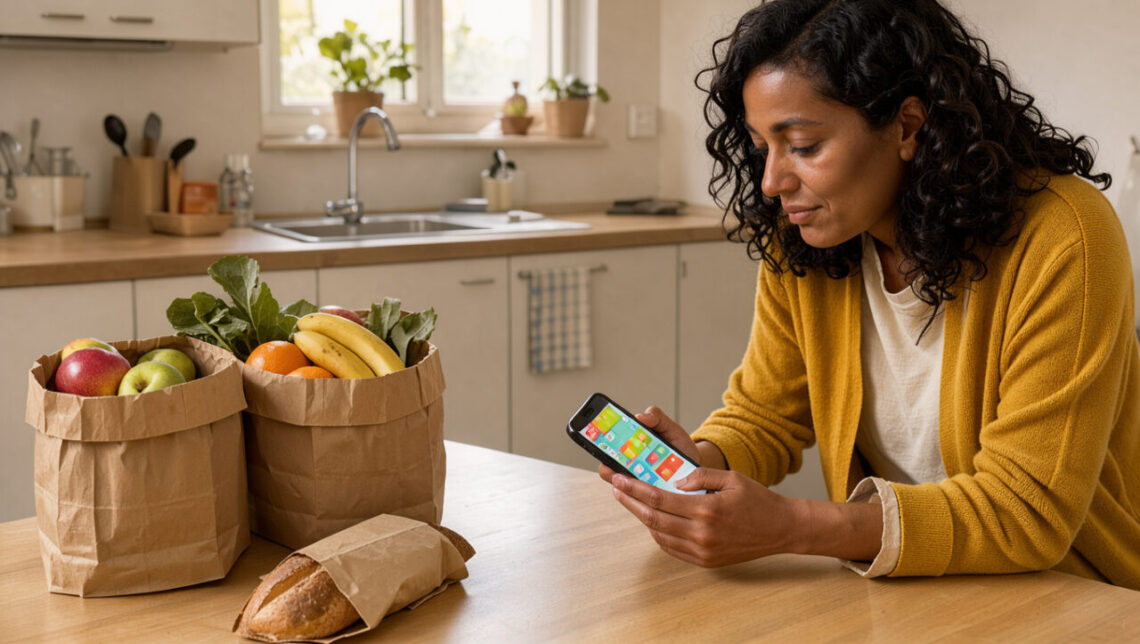 Une locataire consulte une application anti-gaspillage sur son smartphone, près de sacs de fruits et d’un pain posés sur la table lumineuse de sa cuisine.