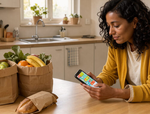 Une locataire consulte une application anti-gaspillage sur son smartphone, près de sacs de fruits et d’un pain posés sur la table lumineuse de sa cuisine.